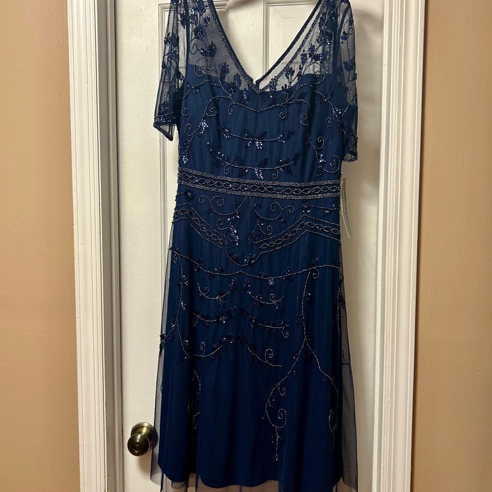 Adrianna Papell Blue Sequin Flutter Sleeve Midi Dress